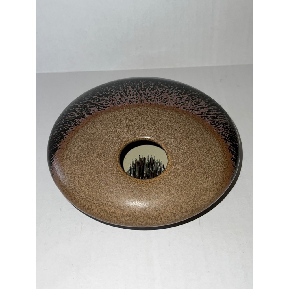 Wolf Logo Ikebana Flower Frog Vase Ceramic Drip Glaze Blue Tan Round 2006 5.5"
